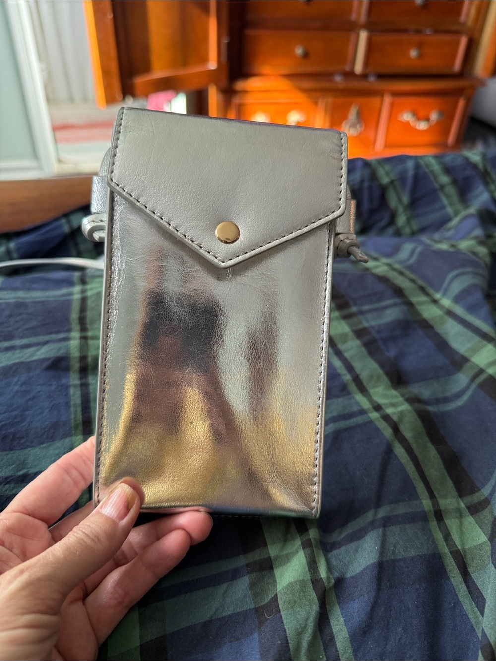 J. Crew Metallic Silver Crossbody Phone Pouch with Snap Flap Closure